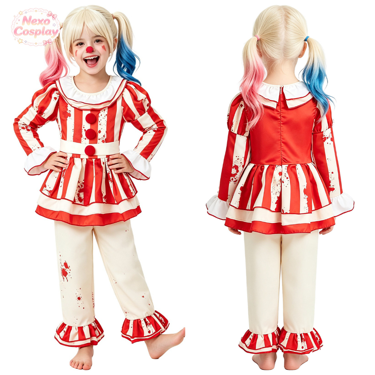 Anime Cosplay Kid - Kinderen Rood Wit Gestreept Horror Clownpak